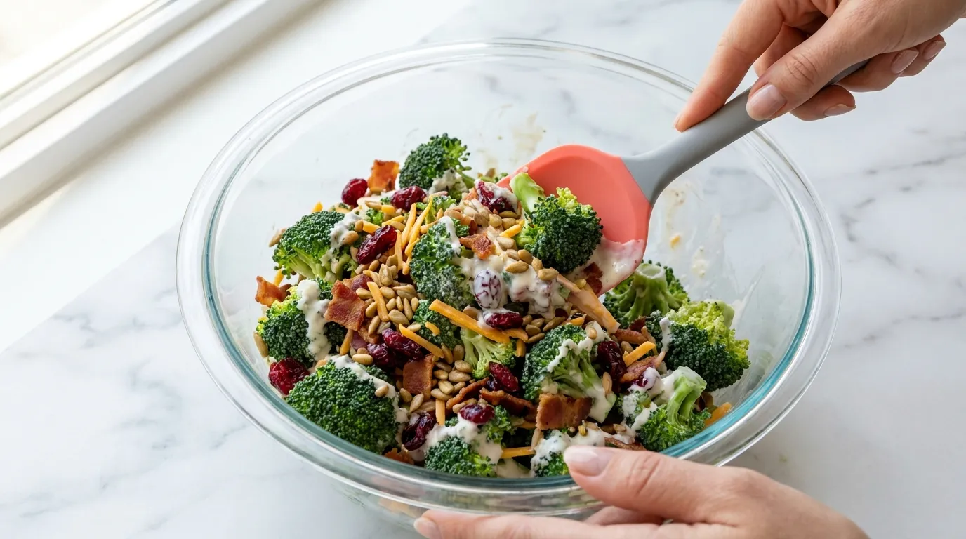 Hands folding creamy dressing into a fresh Broccoli Salad Recipe with bacon and cranberries in a glass bowl.