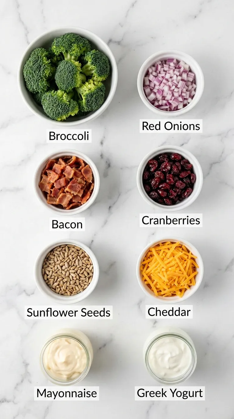 Labeled Broccoli Salad Recipe ingredients like bacon and cranberries neatly arranged in bowls on a white marble counter.