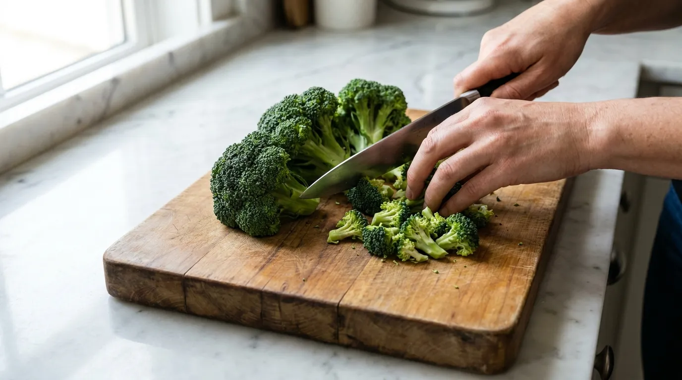 Hands chopping fresh broccoli on a wooden board over a marble counter for a Broccoli Salad Recipe.
