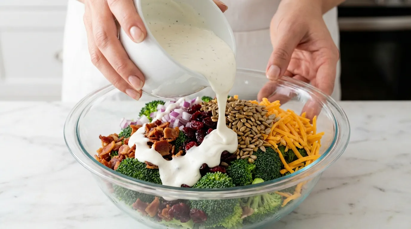 Making a delicious Broccoli Salad Recipe: pouring creamy dressing over fresh broccoli, bacon, cranberries, and cheese.
