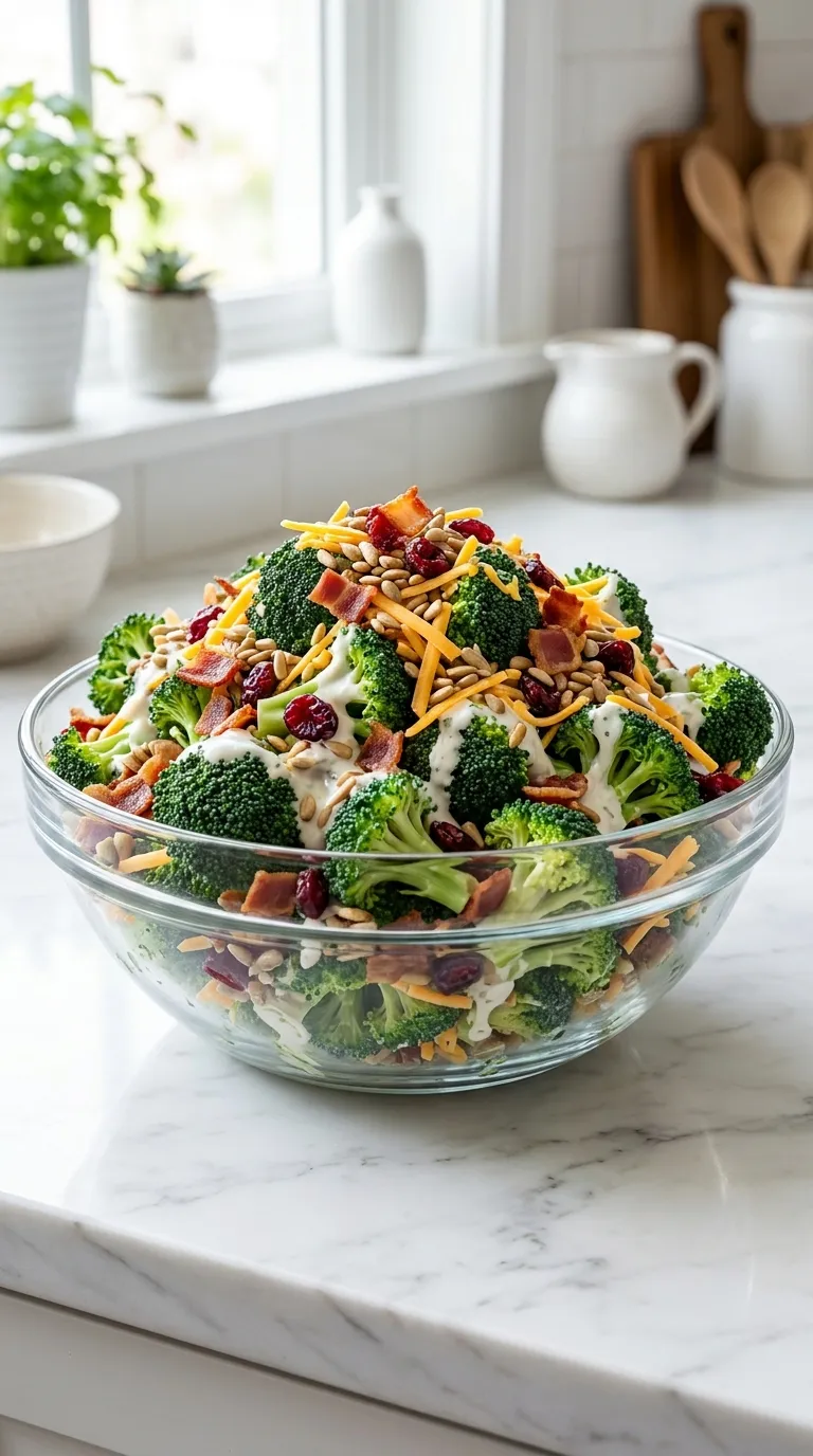 Crisp broccoli salad recipe with bacon, cranberries, and cheddar in a glass bowl on a white marble countertop.