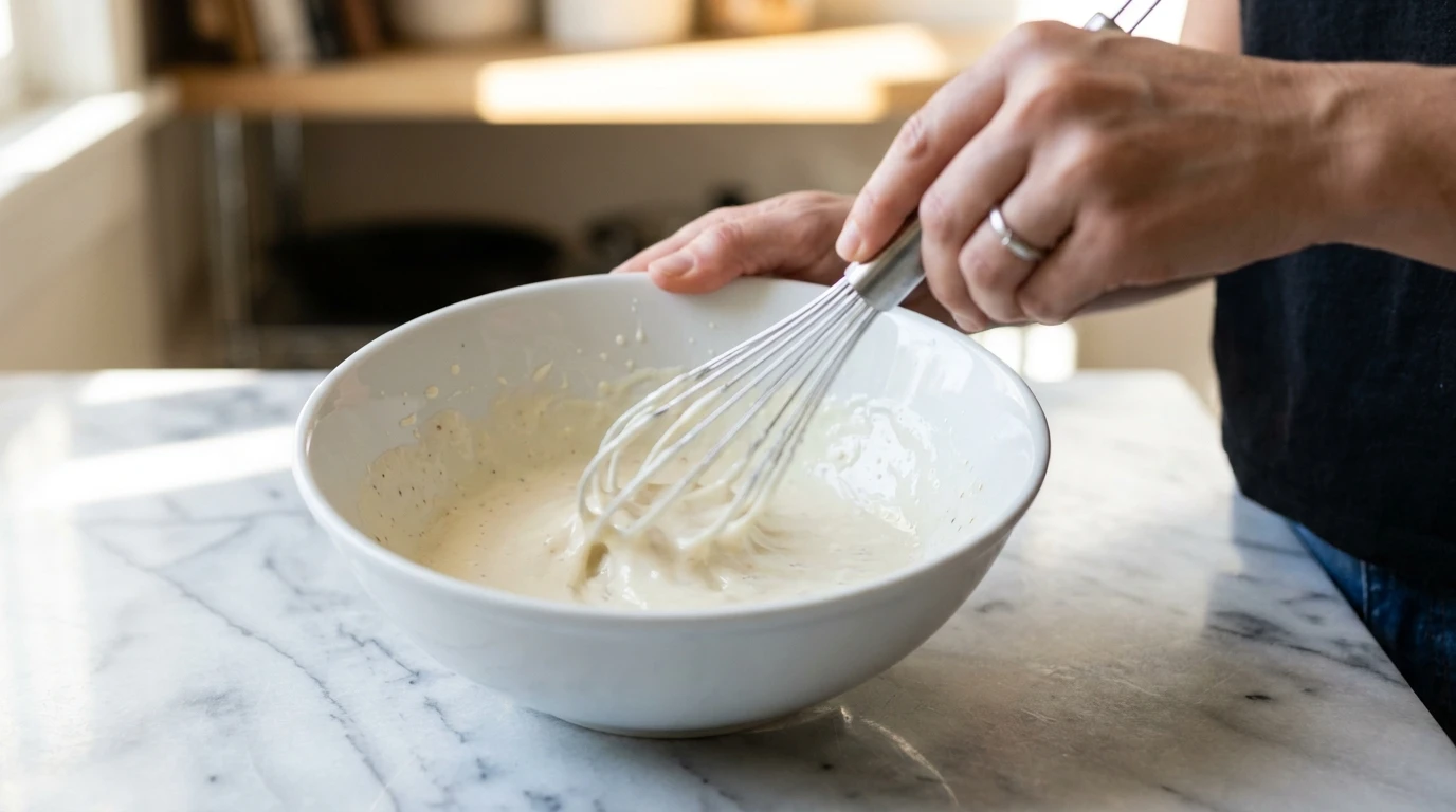 Female hands whisking creamy white dressing in a ceramic bowl on marble for a Broccoli Salad Recipe.