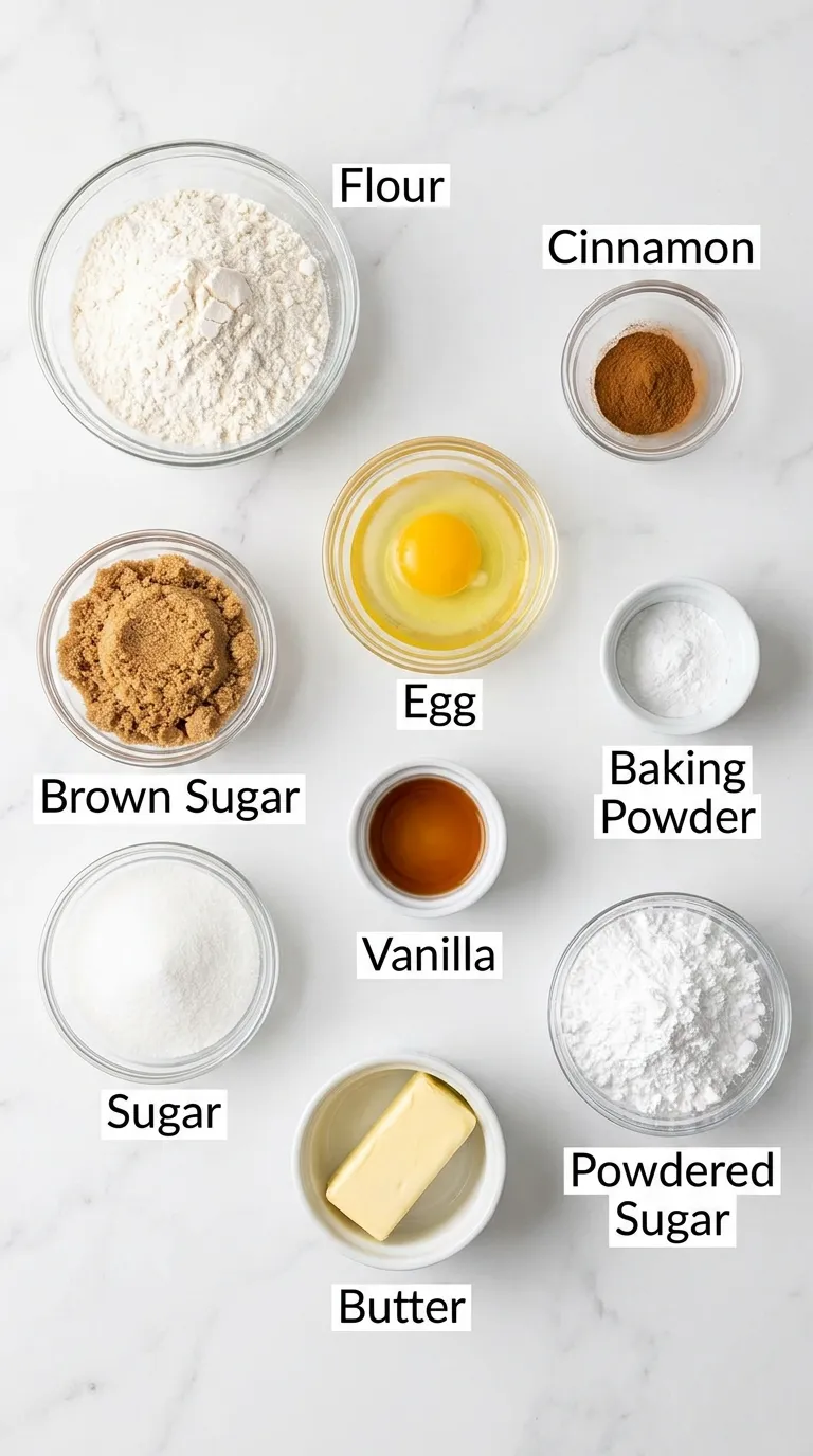 Knolling flat-lay of ingredients for a brown sugar pop tart cookies recipe in glass bowls on white marble.