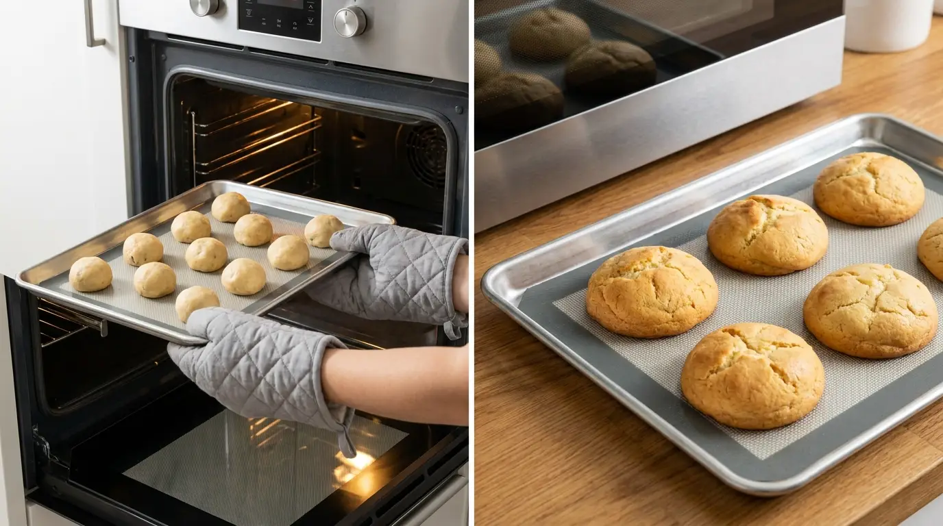 Baking Brown Sugar Pop Tart Cookies Recipe: raw dough going into the oven and fresh golden-baked cookies.