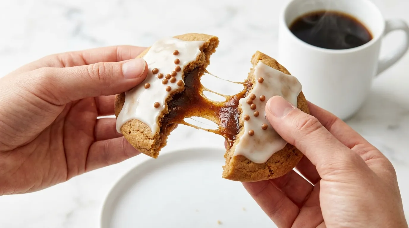 Hands pulling apart a warm cookie from a Brown Sugar Pop Tart Cookies Recipe to reveal a gooey cinnamon filling.