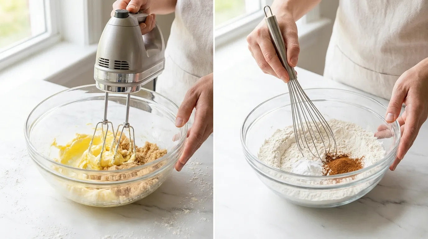 Creaming butter and whisking dry ingredients for a brown sugar pop tart cookies recipe on marble.