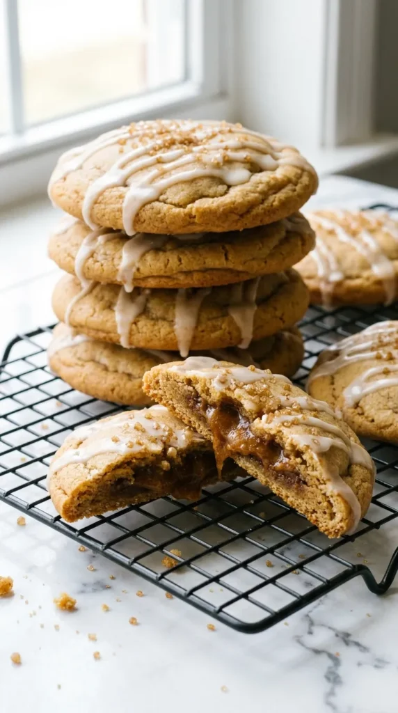 Stacked cookies from this Brown Sugar Pop Tart Cookies Recipe on a rack, one cut in half to show the gooey cinnamon center.