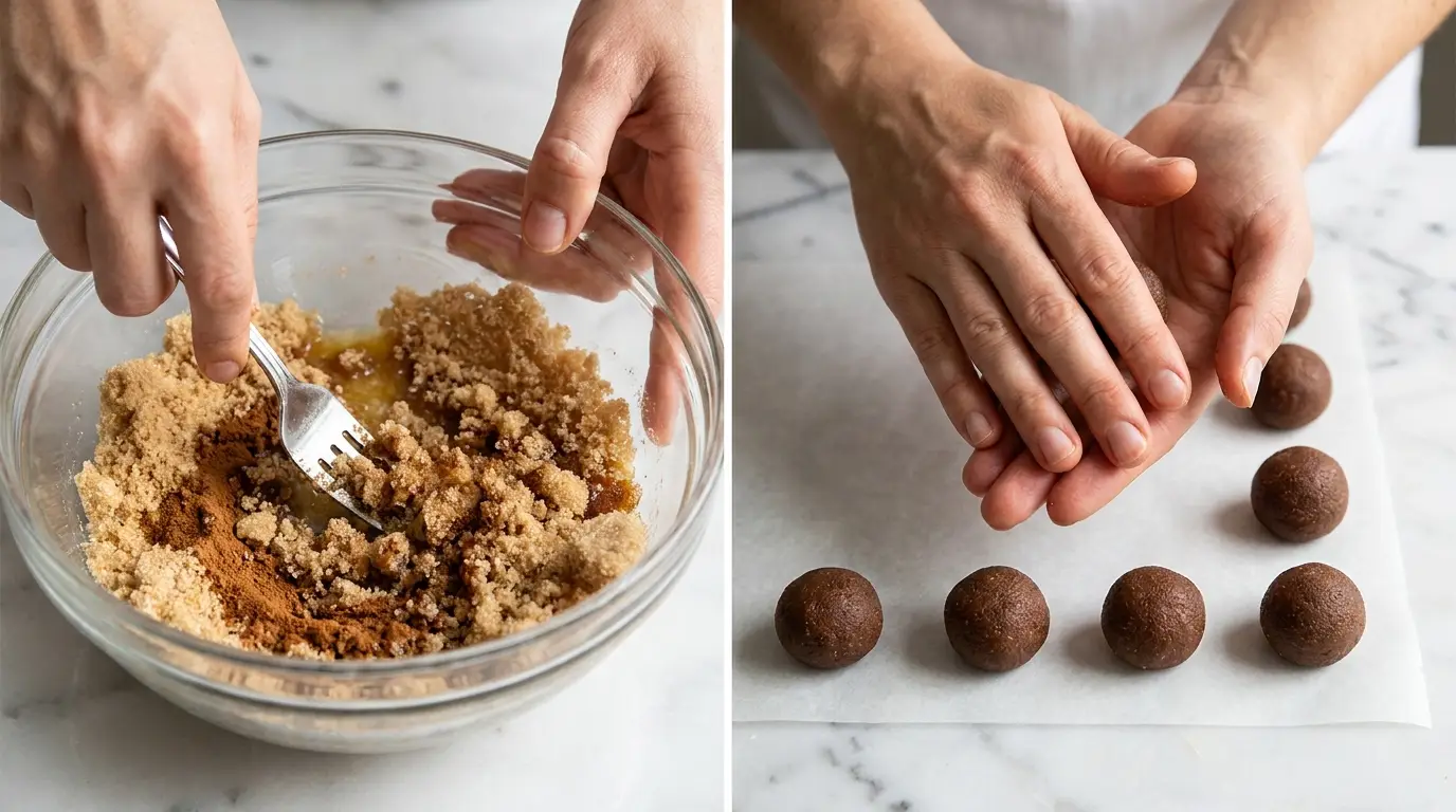 Preparing cinnamon-sugar filling for a Brown Sugar Pop Tart Cookies Recipe, mixing ingredients and shaping into balls.