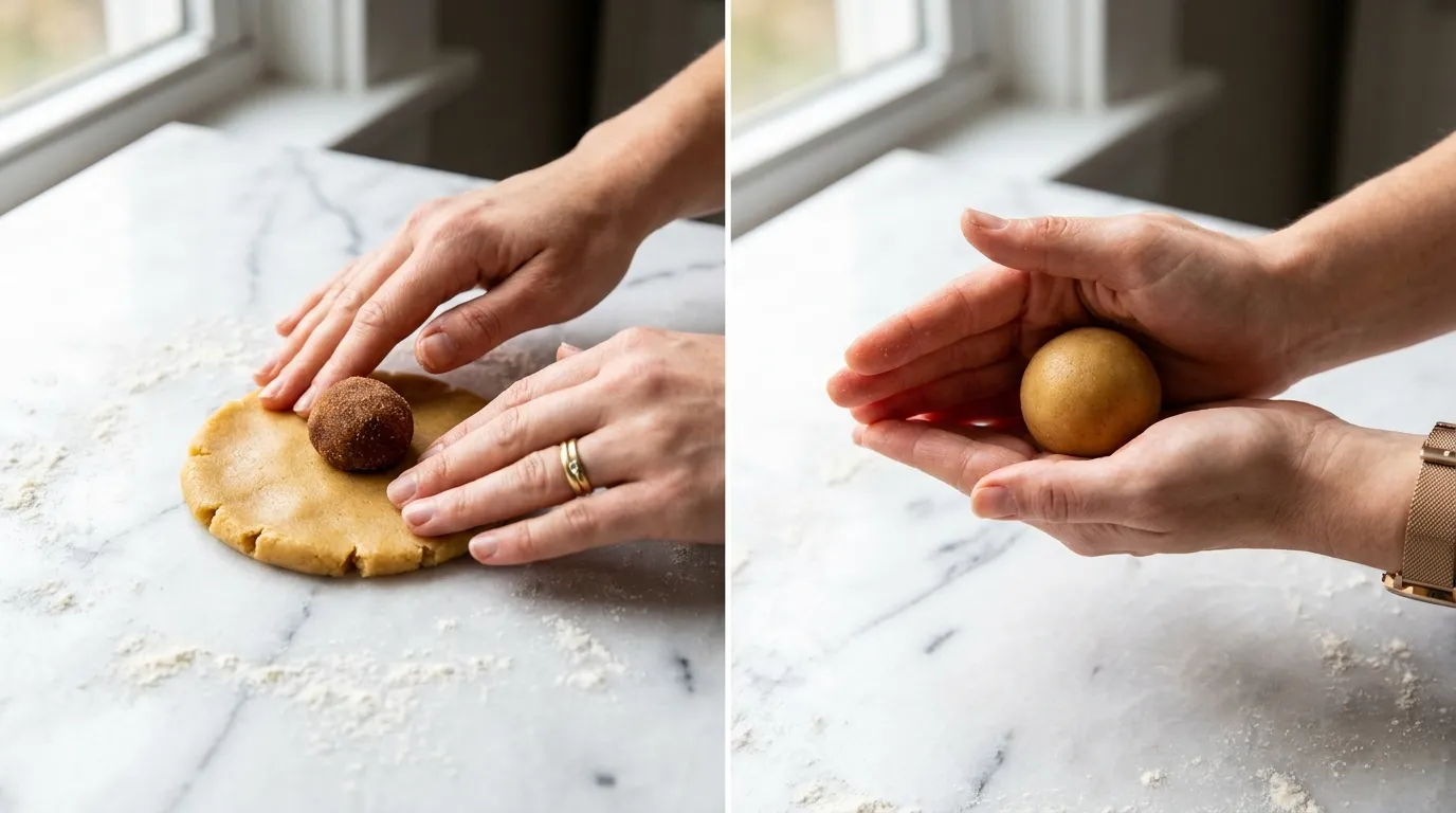 Hands filling and rolling dough for a Brown Sugar Pop Tart Cookies recipe on a white marble countertop.