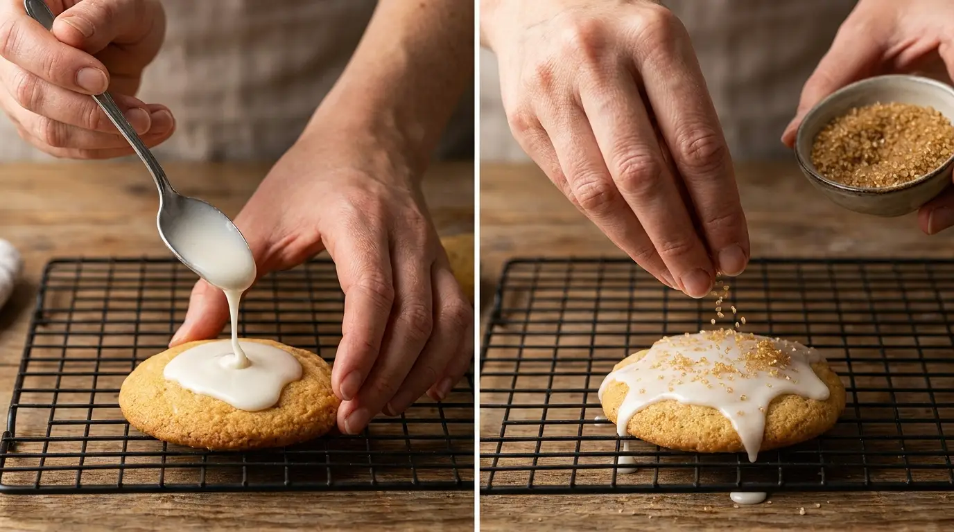 Drizzling vanilla glaze and sprinkling sugar on a Brown Sugar Pop Tart Cookies Recipe.