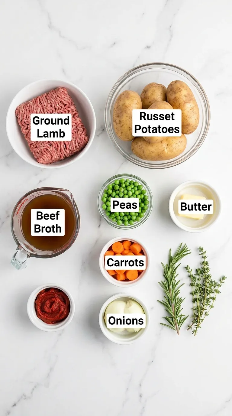 Labeled ingredients for a classic shepherd's pie recipe organized on a bright white marble countertop.