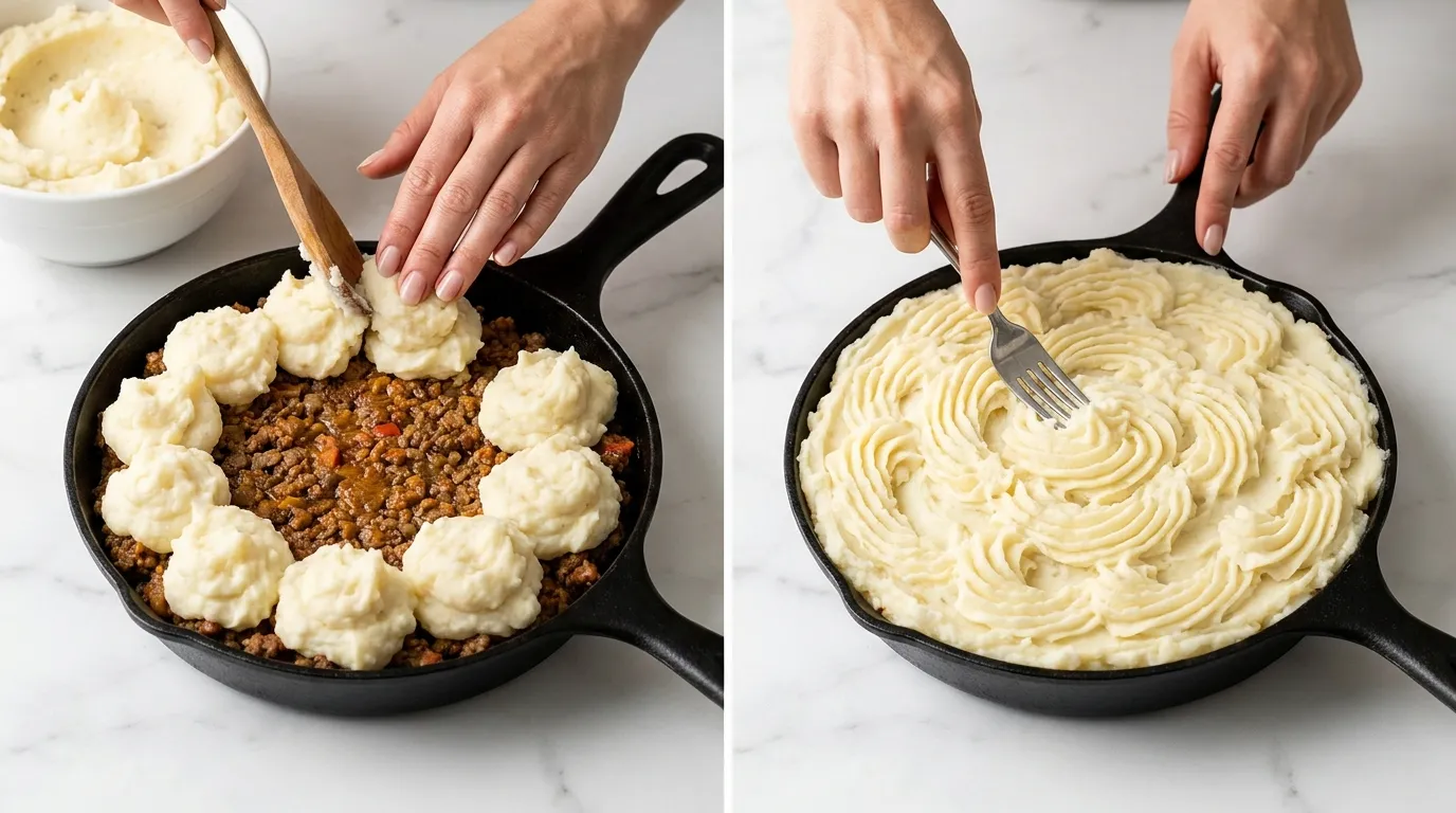 Classic shepherd's pie recipe steps: adding fluffy mashed potatoes to a skillet and creating textured swirls with a fork.