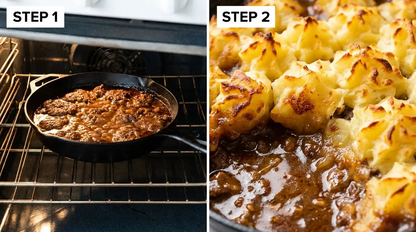 Classic shepherd's pie recipe step-by-step: baking in the oven, and a close-up of crispy, golden-brown potato peaks.