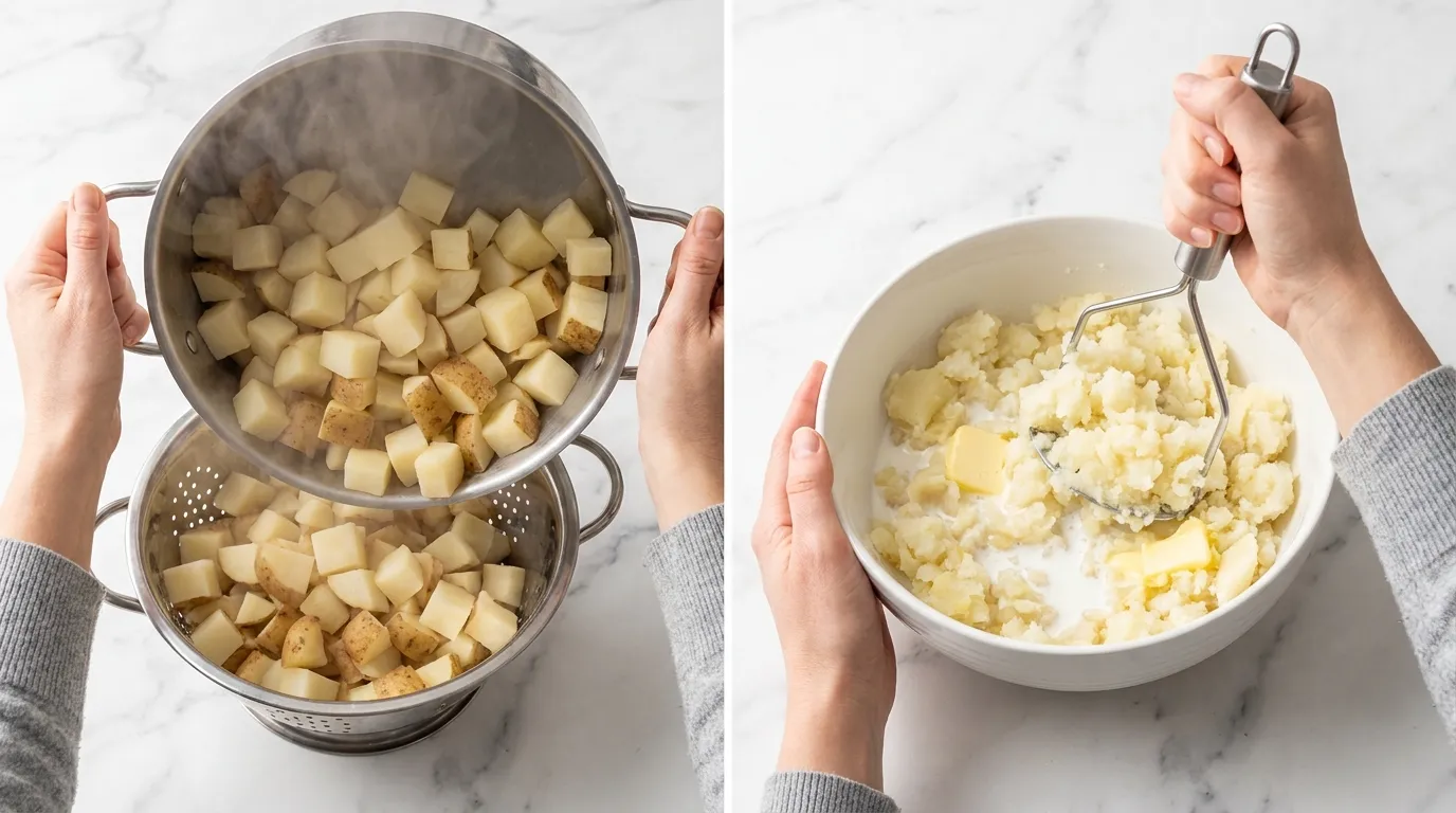 Step-by-step classic shepherd's pie recipe: draining steamed cubed potatoes and mashing them into a fluffy topping.