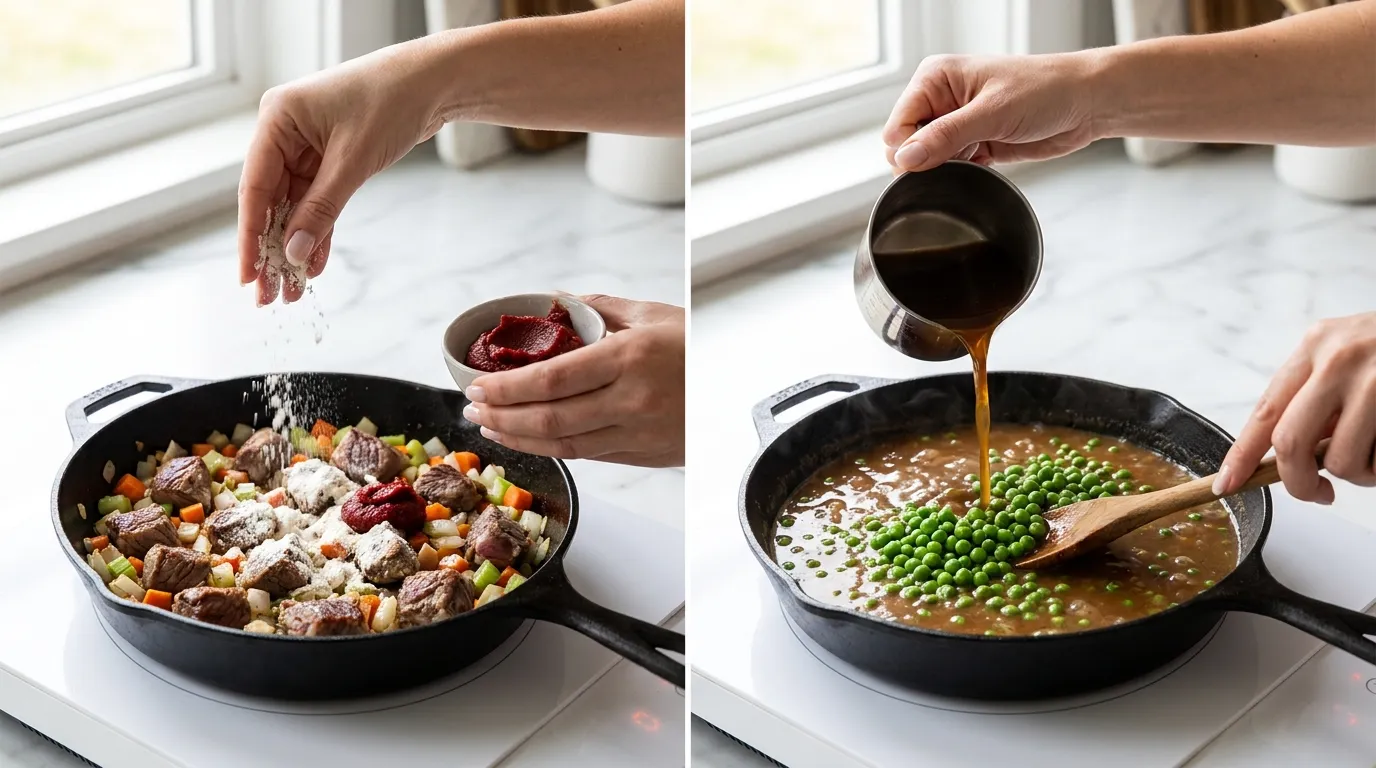 Making classic shepherd's pie recipe: adding flour, tomato paste, broth, and peas to lamb in a skillet.