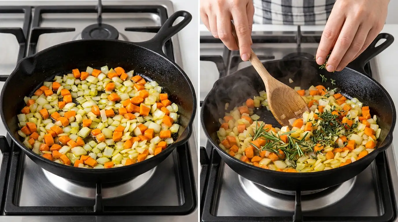 Cooking onions and carrots in a skillet with fresh herbs for a classic shepherd's pie recipe.