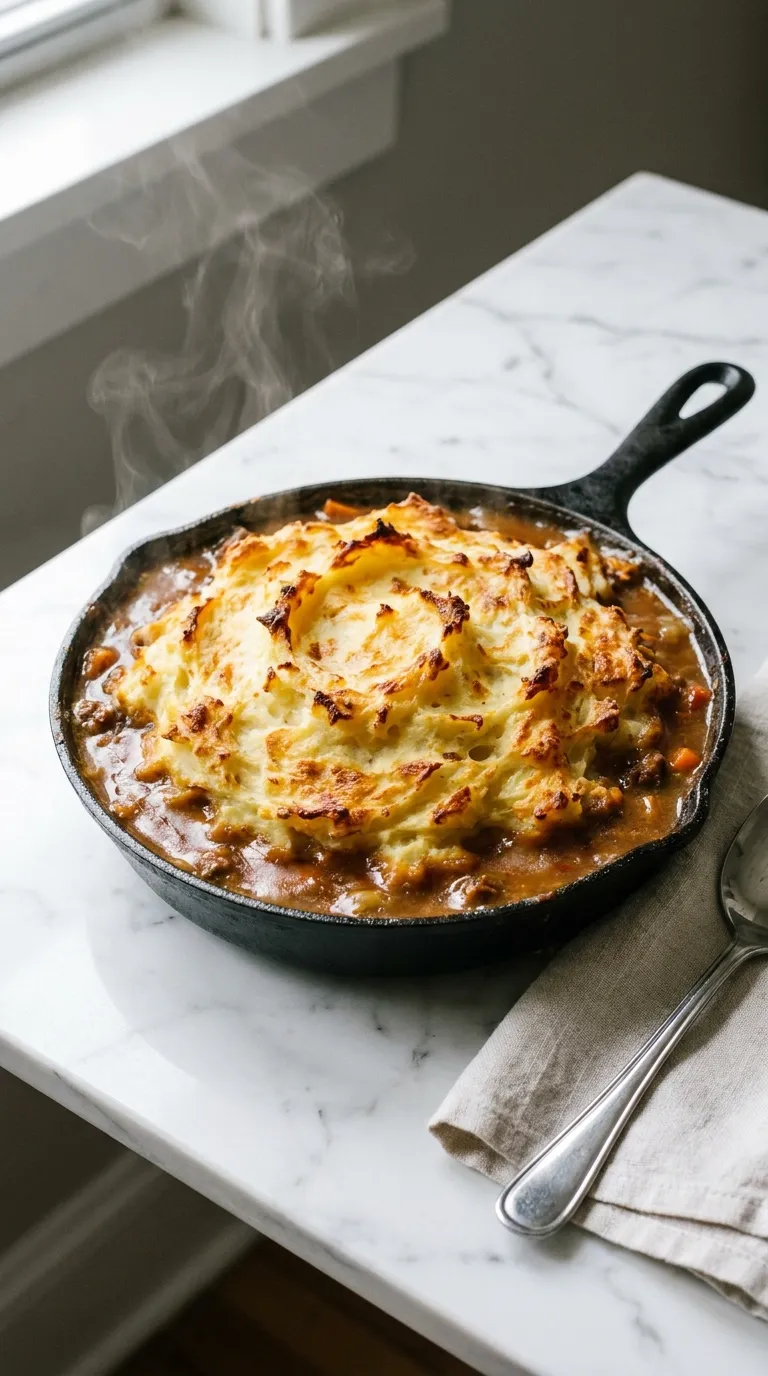 Freshly baked classic shepherd's pie recipe with golden mashed potatoes in a skillet on a white marble counter.