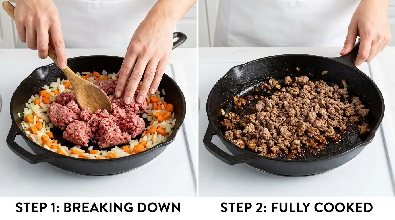 Browning ground lamb with vegetables in a cast-iron skillet for a classic shepherd's pie recipe.