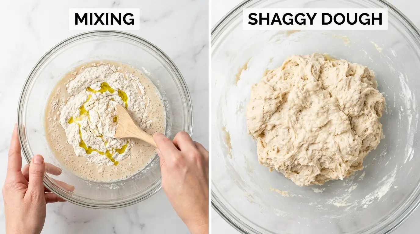 French Bread Recipe: Side-by-side photos of hands stirring flour into a glass bowl and a close-up of shaggy bread dough.