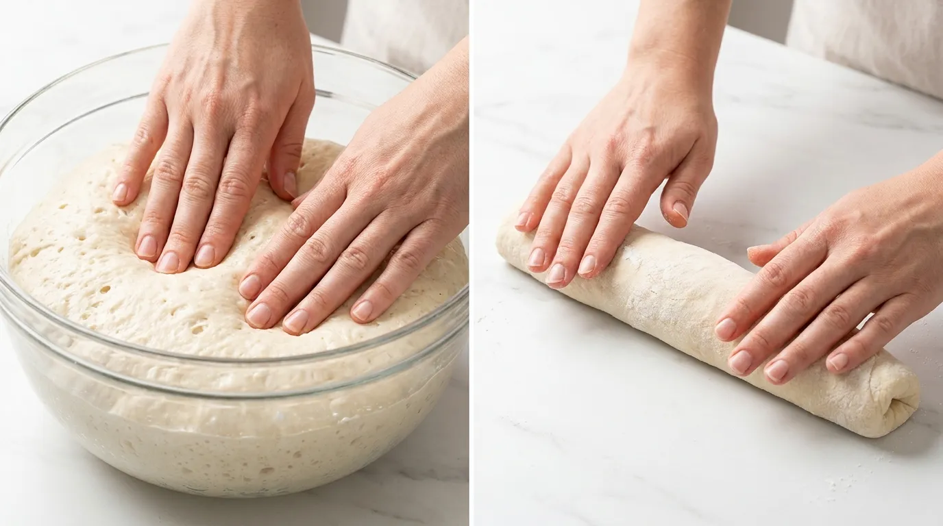 French Bread Recipe step-by-step: female hands punching risen dough in a bowl and rolling it on a marble counter.