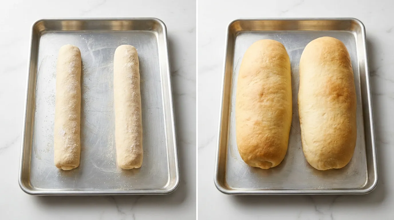 French Bread Recipe dough before and after its second rise, showing thin shaped loaves becoming plump on a baking sheet.