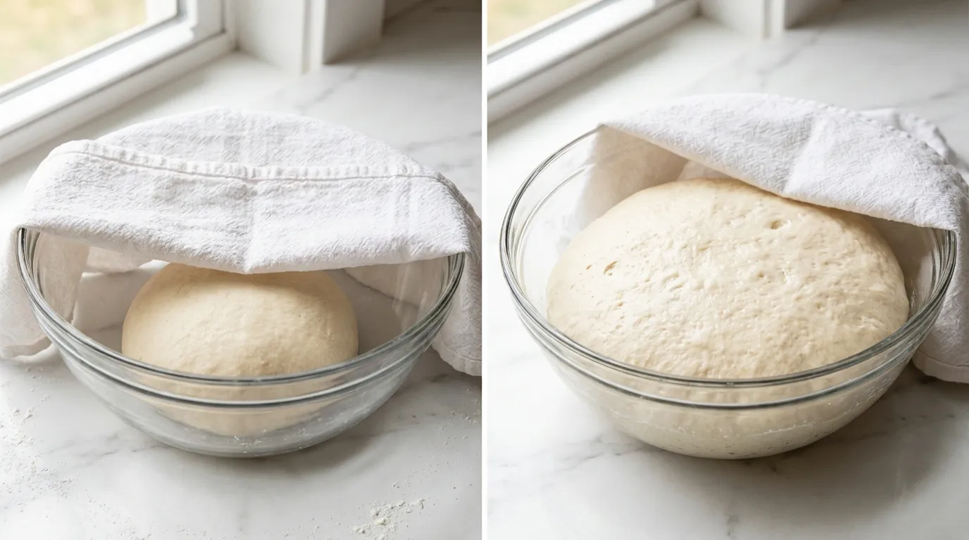 French Bread Recipe first dough rise: side-by-side view of a dough ball in a glass bowl before and after doubling in size.