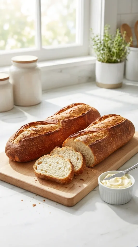 Fresh crusty loaves from a French bread recipe sliced on a wooden board with whipped butter in a bright kitchen.