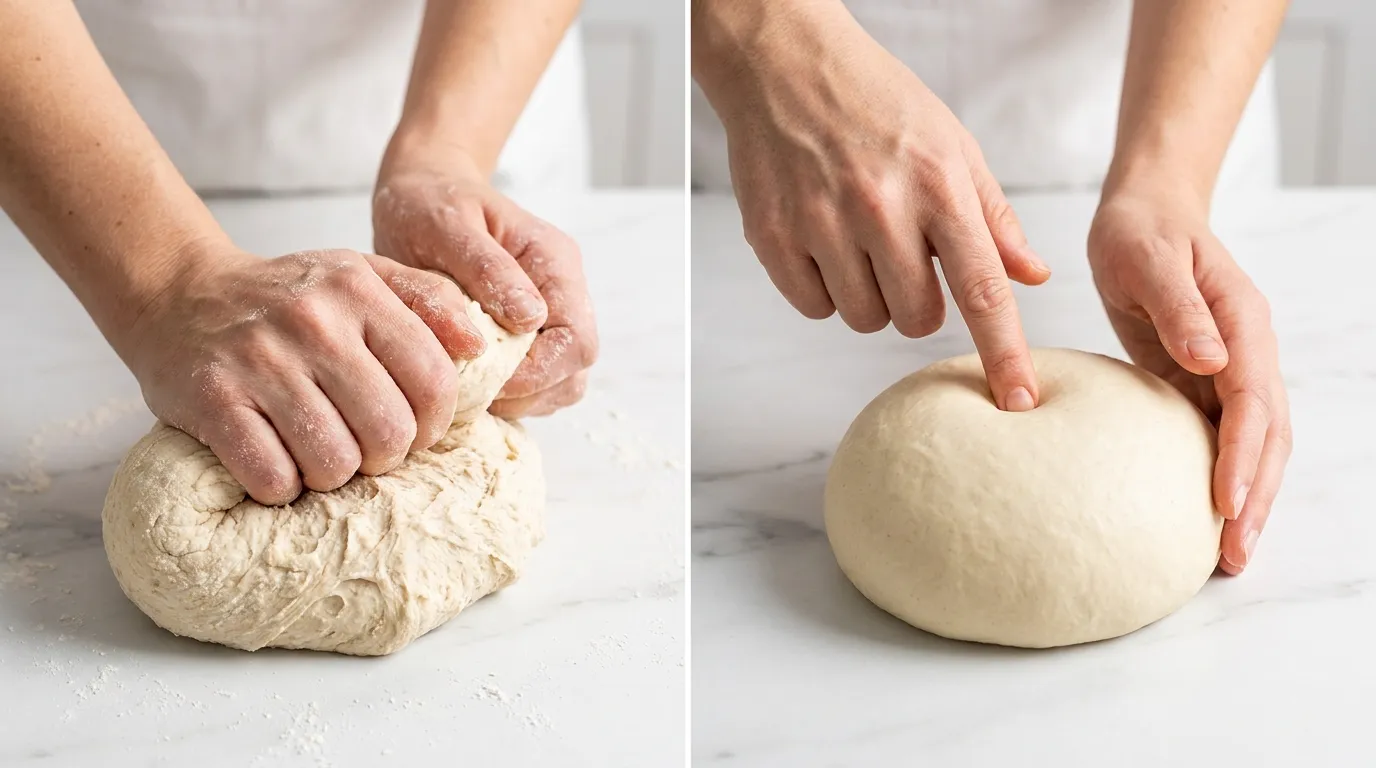 Side-by-side of hands kneading and poking perfect dough on white marble for a classic French Bread Recipe.