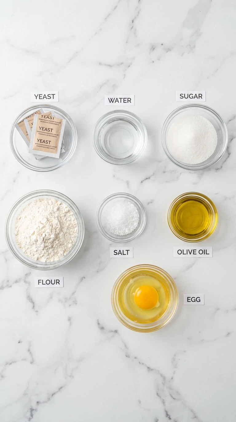 French Bread Recipe ingredients neatly arranged on white marble: yeast, water, sugar, flour, salt, olive oil, and an egg.