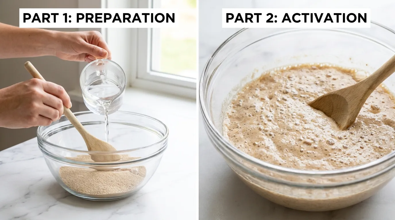 French Bread Recipe: Hands mixing water, yeast, and sugar in a glass bowl, next to a close-up of bubbly activated yeast.