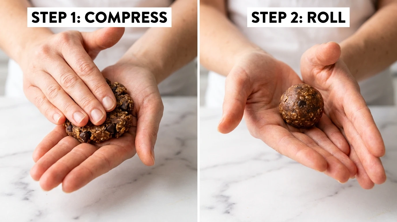 Hands squeezing and rolling chocolate chip dough for a Peanut Butter Balls Recipe With Oats.