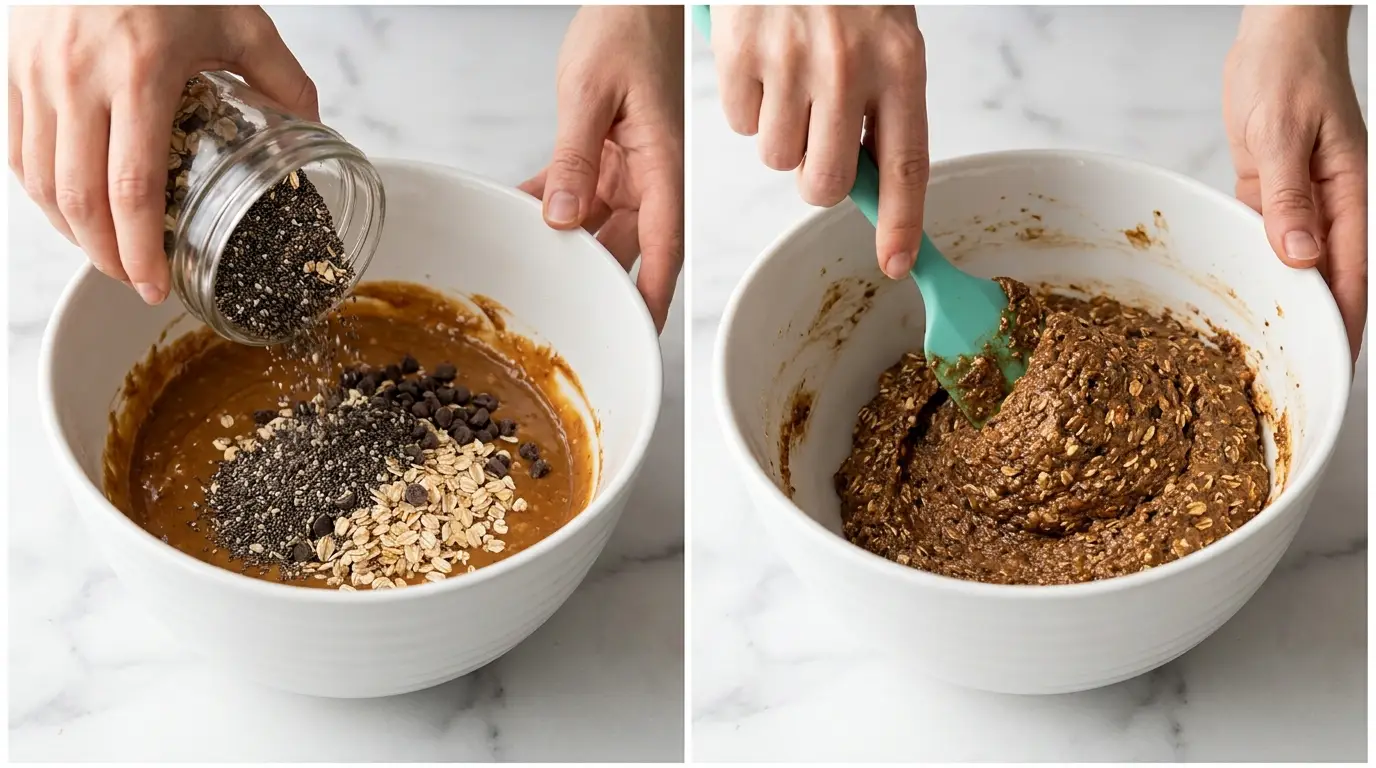 Step-by-step Peanut Butter Balls Recipe With Oats: pouring ingredients into a bowl and mixing the dough with a spatula.