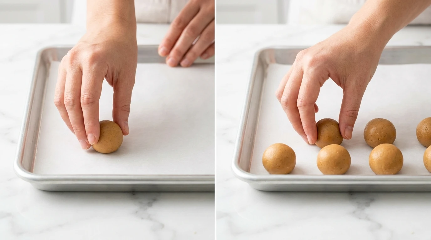 Step-by-step peanut butter balls recipe with oats: hands rolling and arranging them on a lined baking sheet.