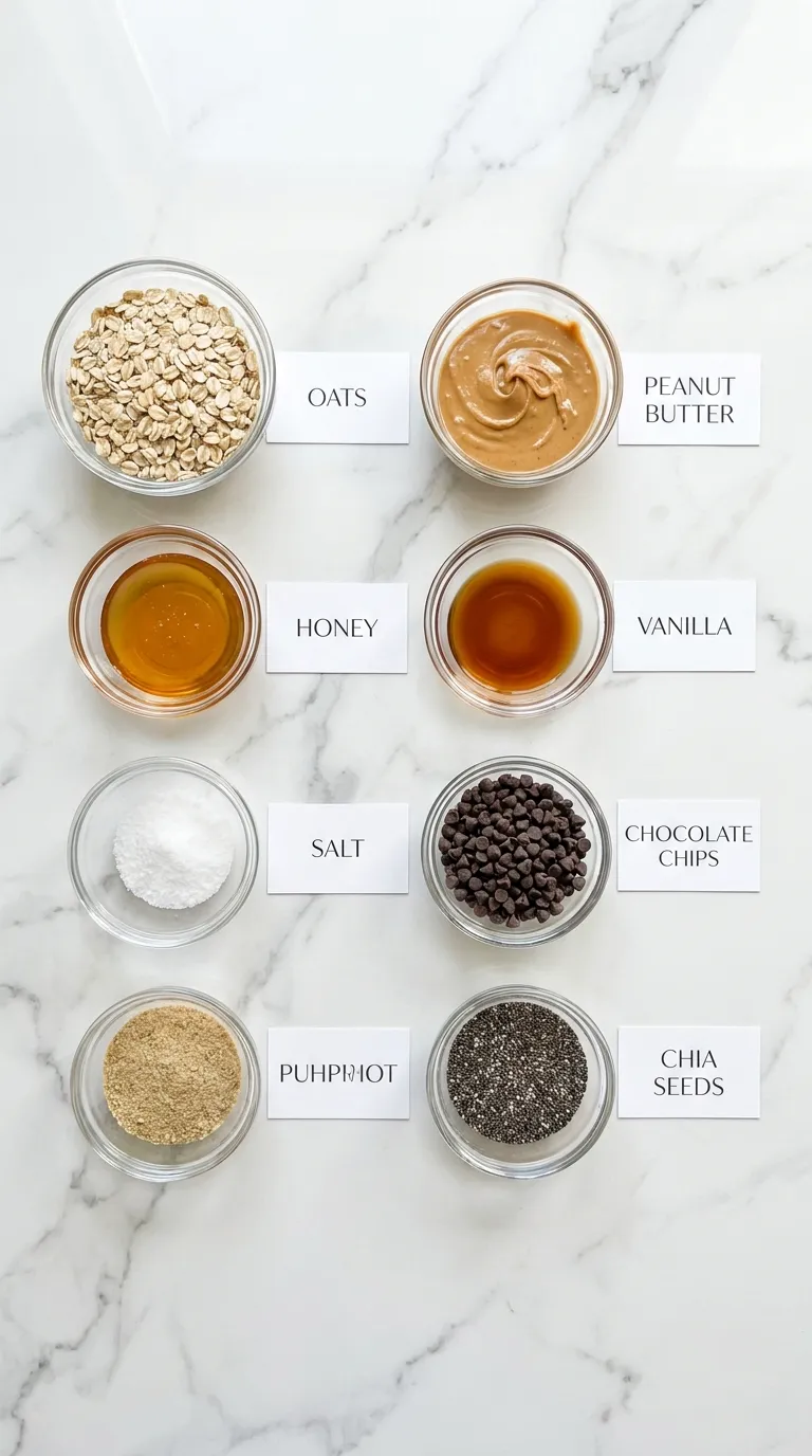 Labeled ingredients for a Peanut Butter Balls Recipe With Oats neatly arranged in glass bowls on a marble countertop.