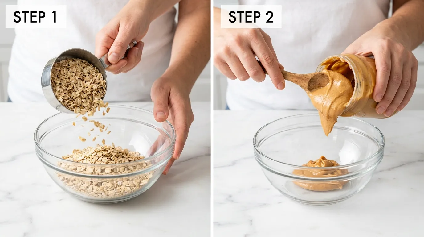 Peanut Butter Balls Recipe With Oats: hands pouring oats and scooping peanut butter into glass bowls.