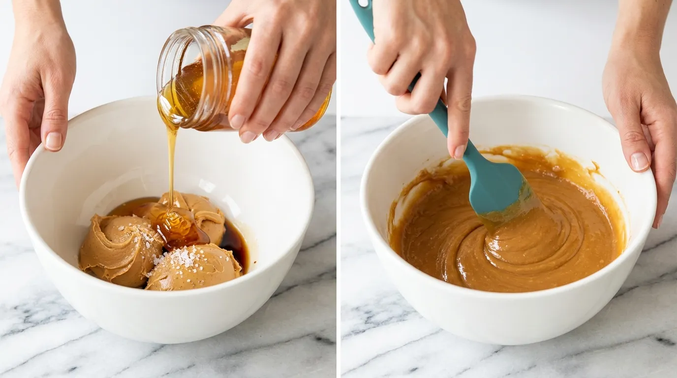 Hands pouring honey into peanut butter and stirring syrup for a peanut butter balls recipe with oats.