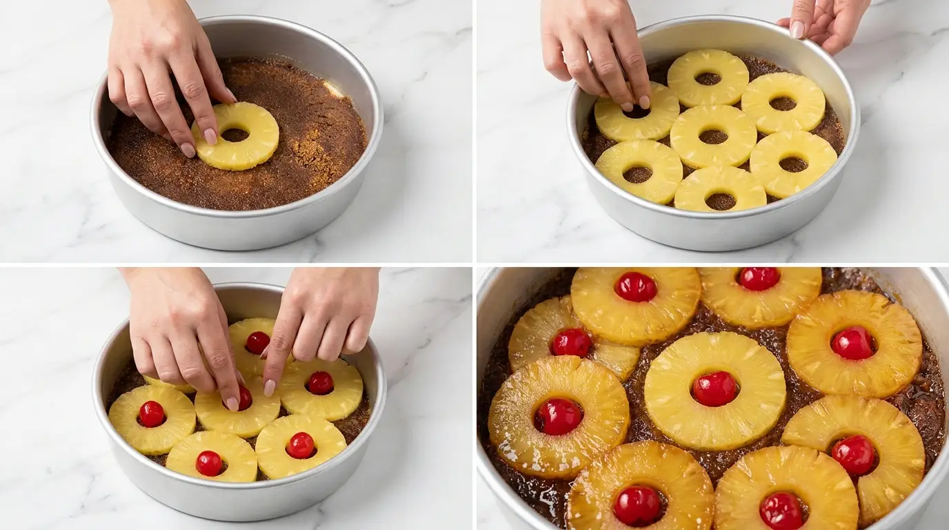 Step-by-step Pineapple Upside Down Cake Recipe showing hands arranging pineapple rings and cherries in a pan.