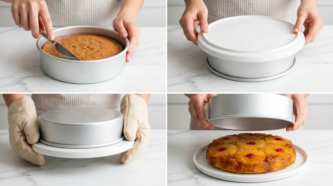 4-step Pineapple Upside Down Cake Recipe guide showing how to flip the pan to reveal the caramelized cherry topping.