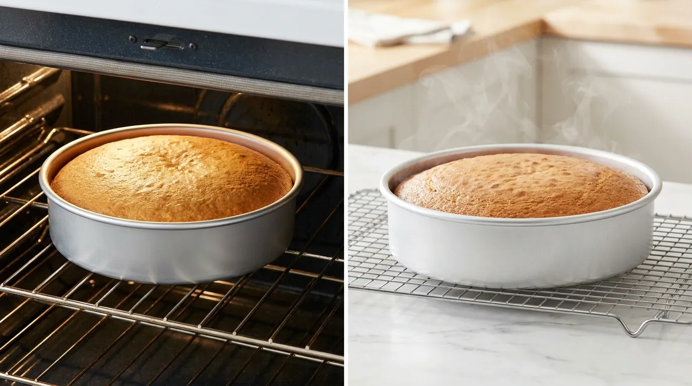 Pineapple Upside Down Cake Recipe: Cake baking in the oven and the fully baked cake cooling on a wire rack.