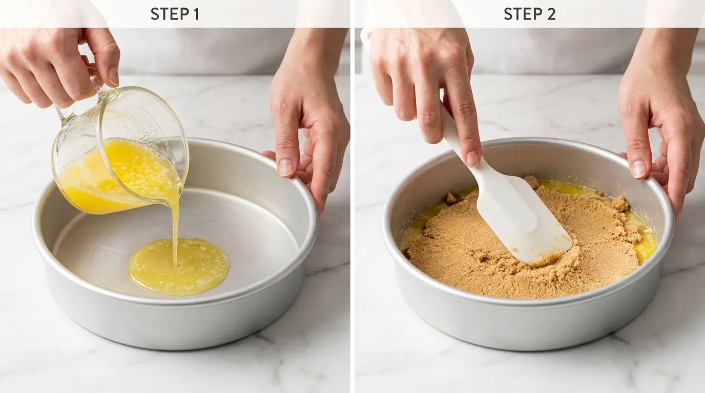 Step-by-step Pineapple Upside Down Cake Recipe: pouring melted butter into a pan and pressing brown sugar over it.