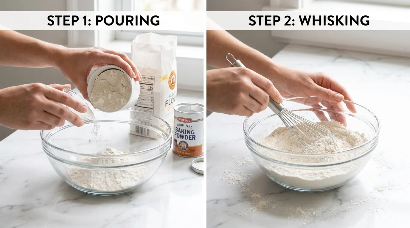 Pineapple Upside Down Cake Recipe steps: pouring and whisking flour and baking powder in a glass bowl on a marble counter.