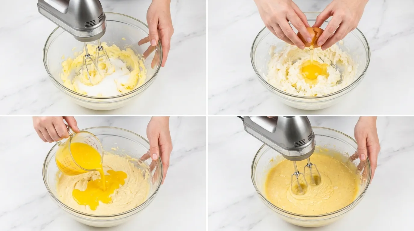 Step-by-step Pineapple Upside Down Cake Recipe: mixing butter, adding an egg, and pouring pineapple juice.