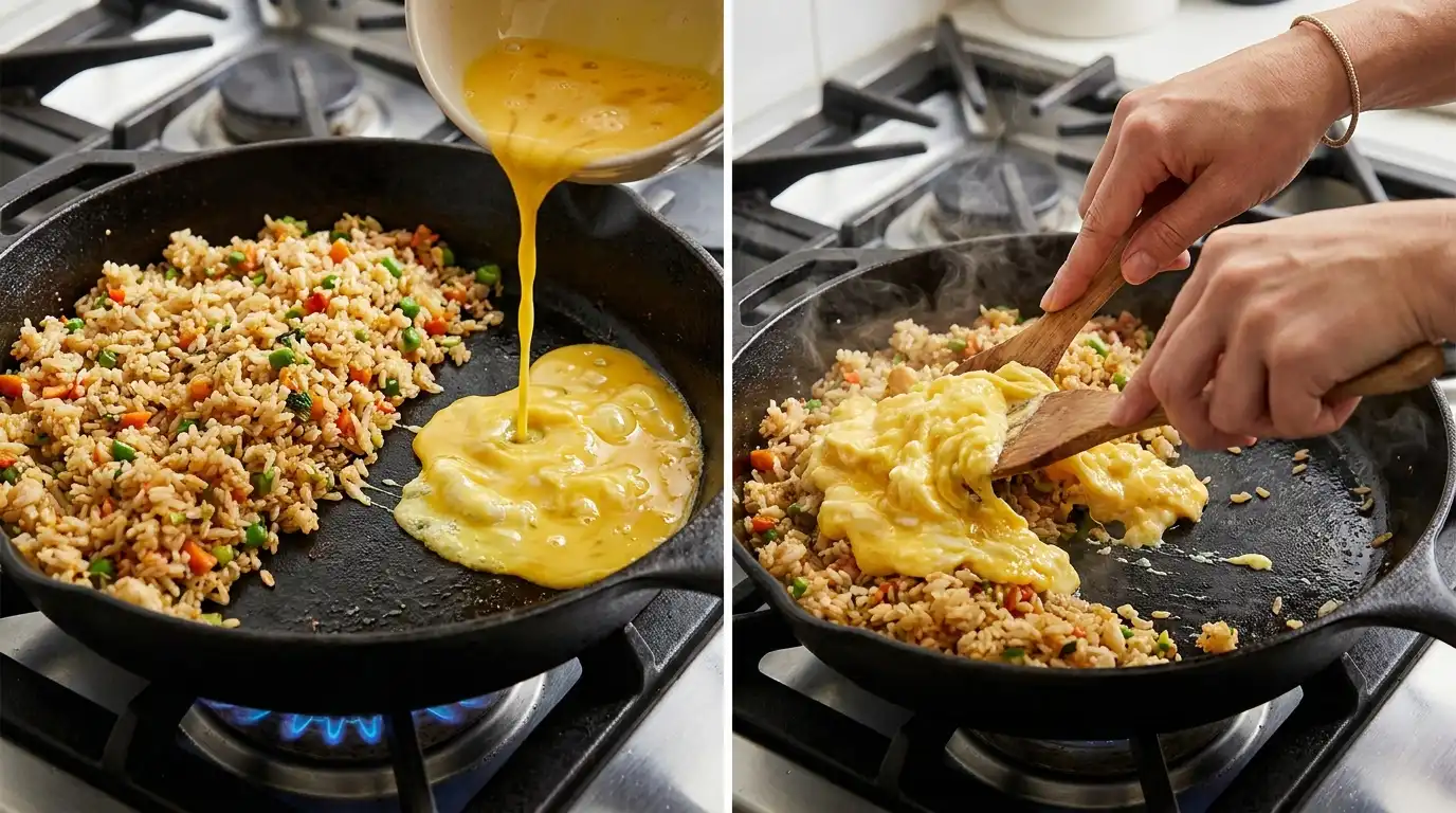 Shrimp Fried Rice Recipe process: scrambling eggs on skillet's empty side, then folding soft eggs into the hot rice.