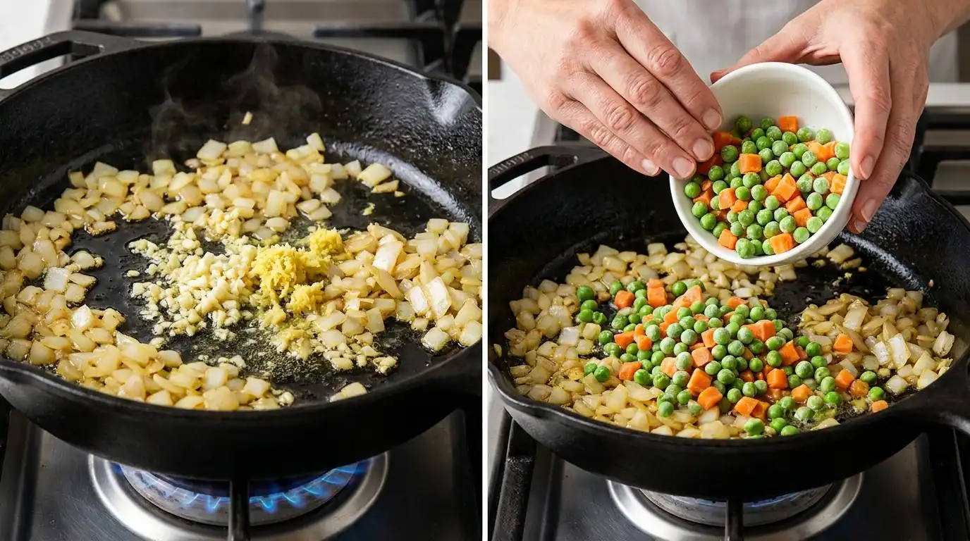 Sizzling onions, garlic, and ginger, plus hands adding peas and carrots to a skillet for a Shrimp Fried Rice Recipe.