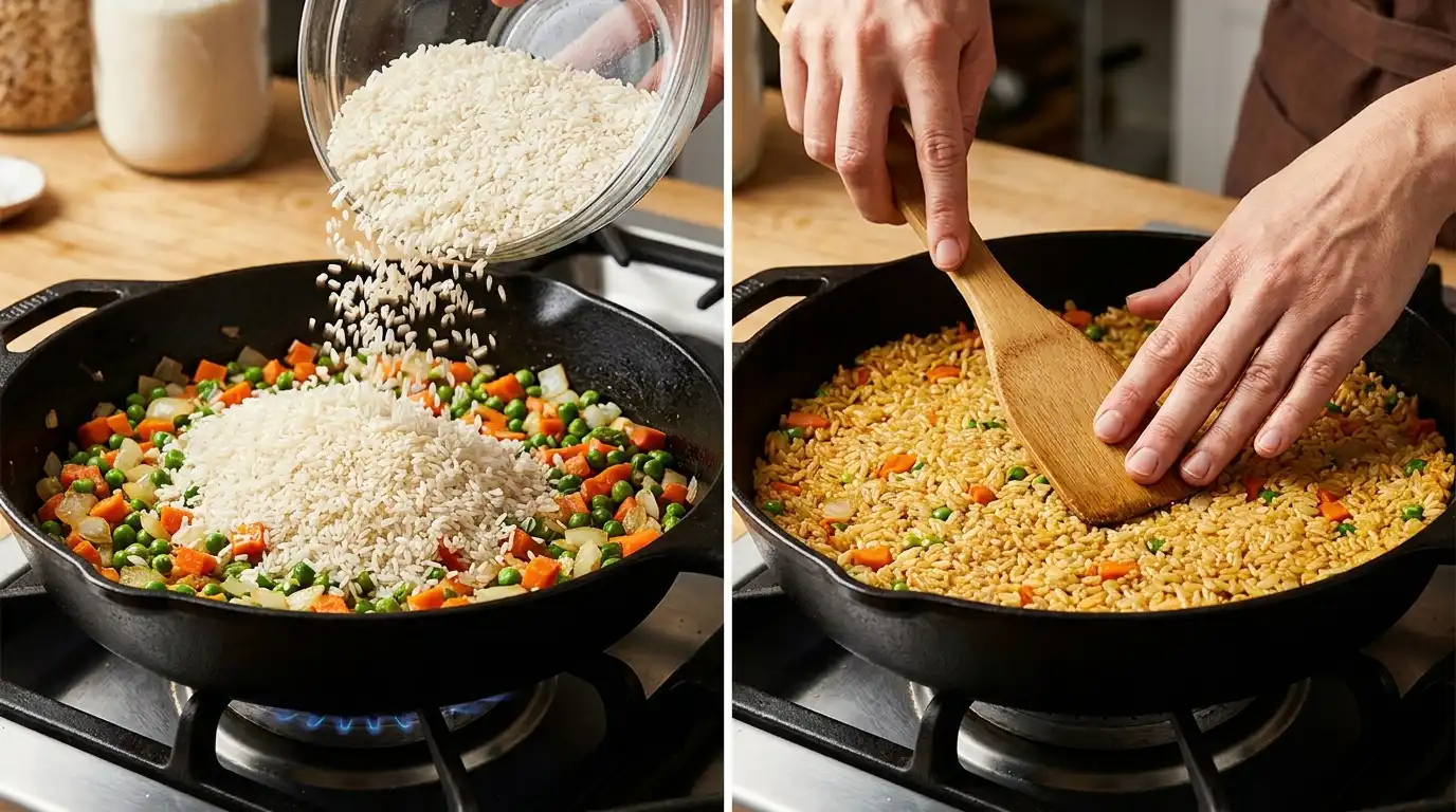 Shrimp Fried Rice Recipe: pouring white rice into a skillet with veggies and pressing it down for a crispy sear.