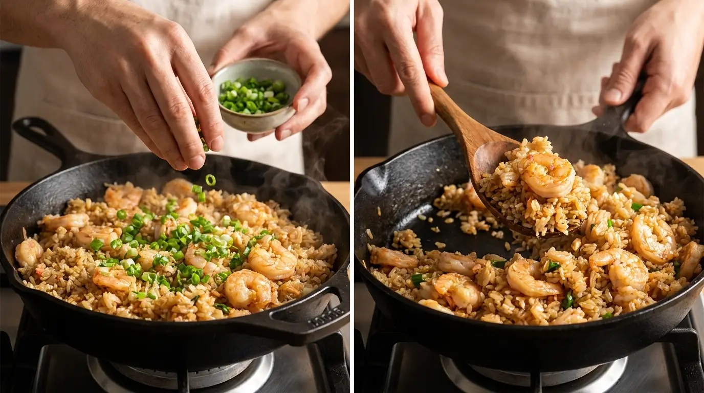 Serving a Shrimp Fried Rice Recipe: hands garnishing with green onions and scooping steaming rice from a skillet.