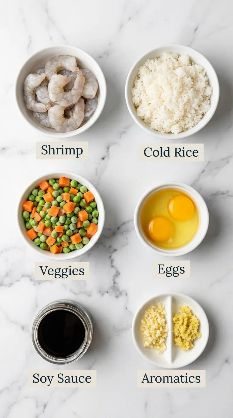 Labeled Shrimp Fried Rice Recipe ingredients in flat-lay on white marble: shrimp, cold rice, eggs, veggies, and soy sauce.