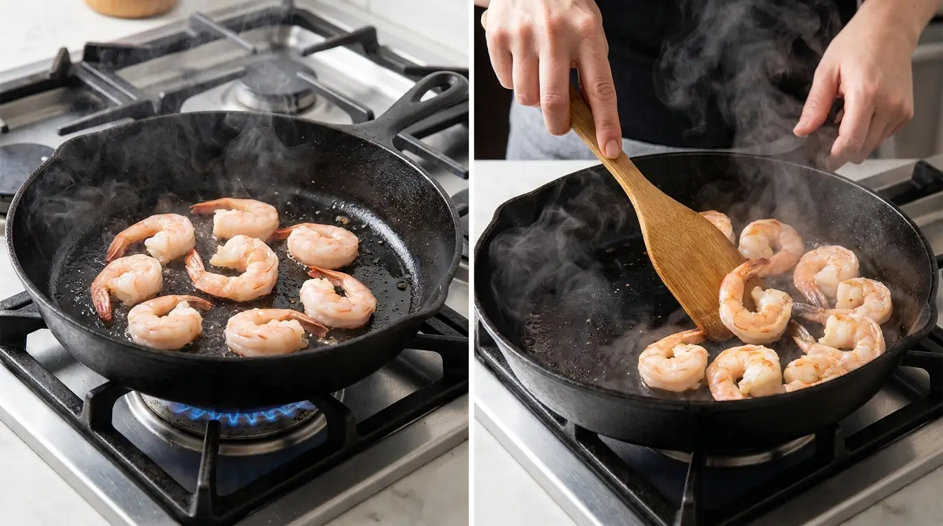 Searing shrimp in a hot cast iron skillet for a Shrimp Fried Rice Recipe, showing sizzling and flipping action.