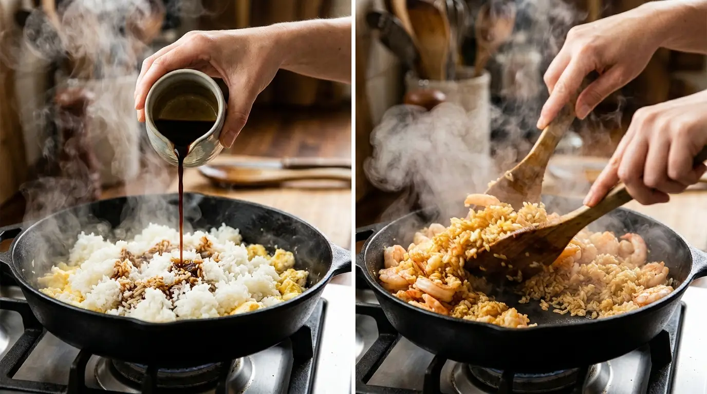 Making a Shrimp Fried Rice Recipe: Pouring savory soy sauce and tossing golden rice with cooked shrimp in a hot skillet.