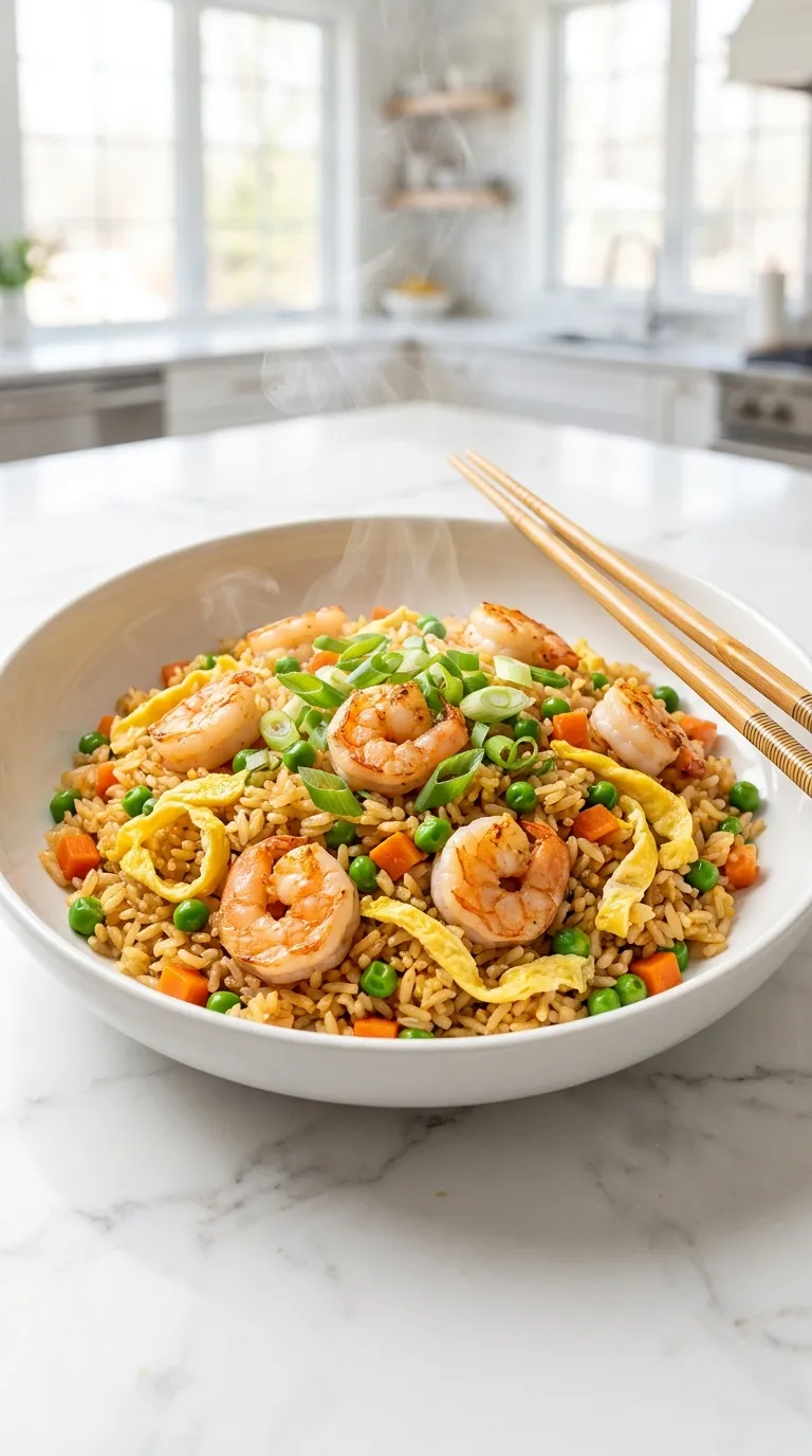 Steaming bowl of this Shrimp Fried Rice Recipe featuring plump shrimp, peas, carrots, and egg on a marble countertop.